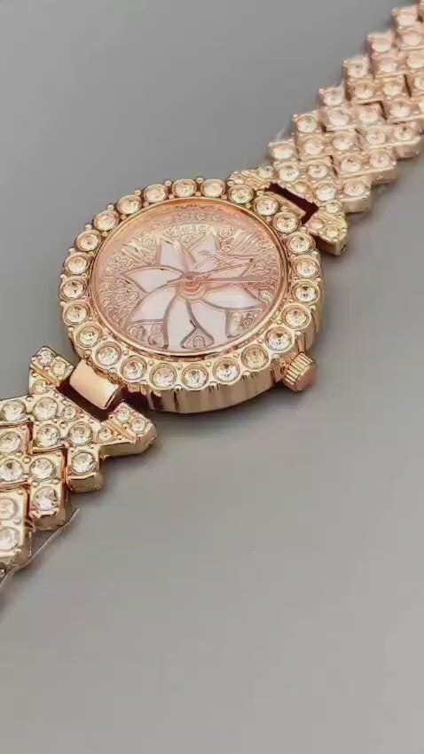 Luxury Floral Crystal Quartz Wrist Watch for Women – Golden