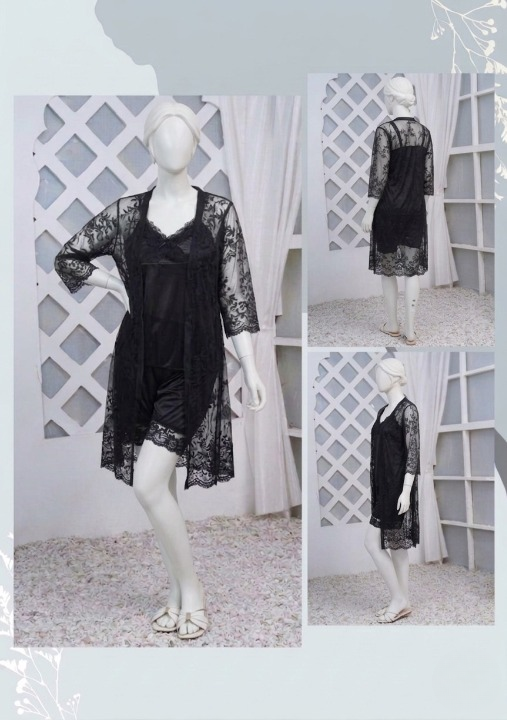 3 Pcs Luxurious Silk & Net Black Lace Women's Sleepwear Set Top Short & Gown Nightwear (Free Size)