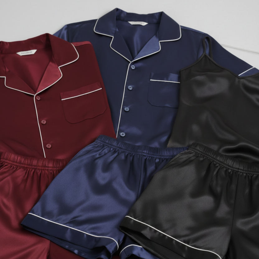 Couple Silk Night Suit / Sleepwear Set – Shirt & Shorts with Slip Dress | SKU DC-C013 (3 Pcs)