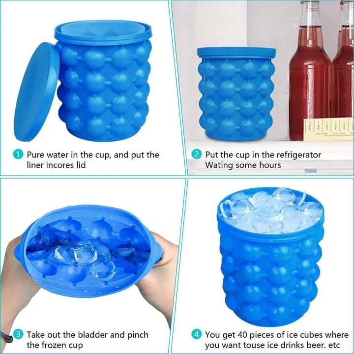 Ice Genie Silicone Ice Cube Maker - 120 Ice Cube Capacity Space Saving Ice Bucket Containers Food Grade Material Freezer Beverage Cooler