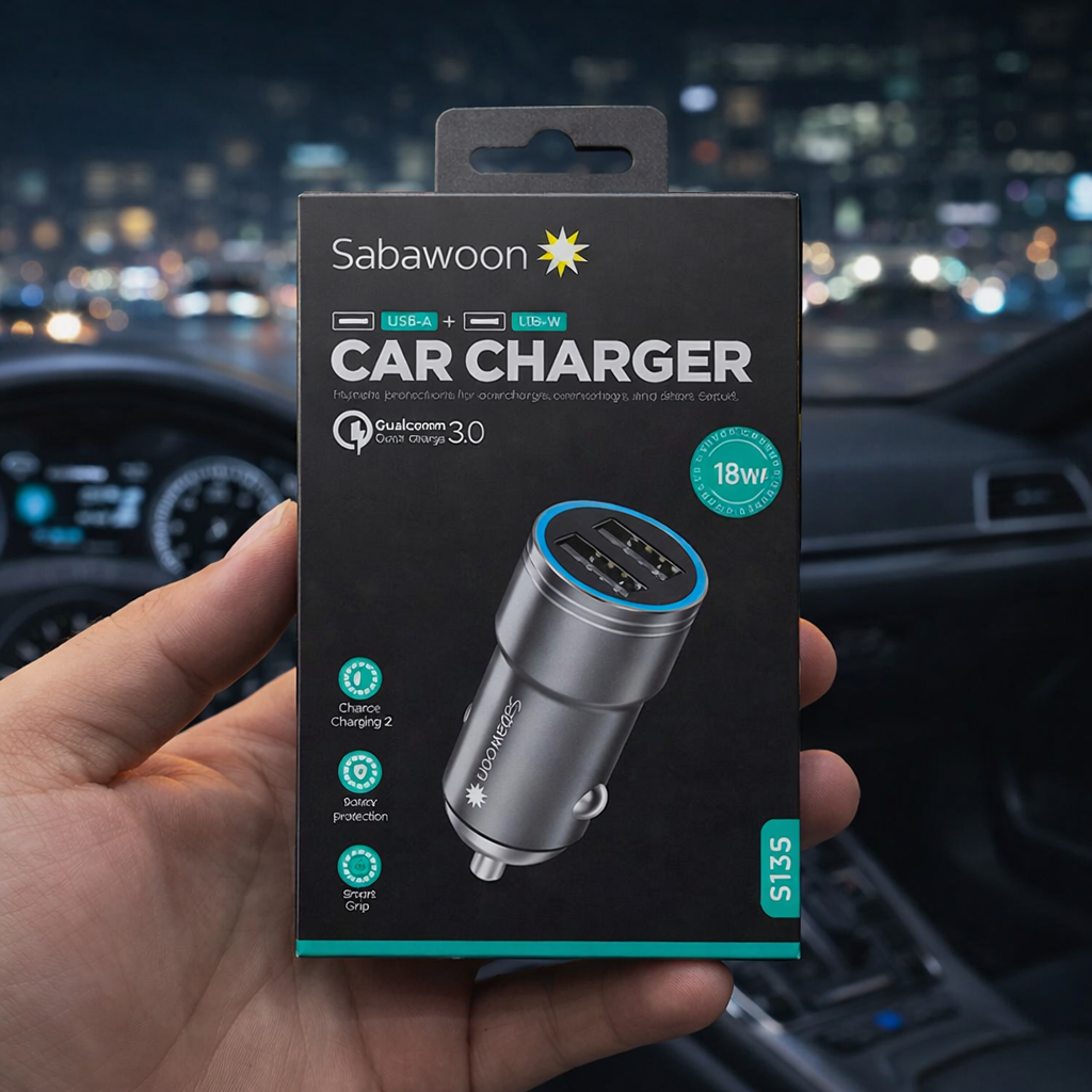 Sabawoon 18W Fast Charging Car Adapter – Dual USB Portable Car Charger