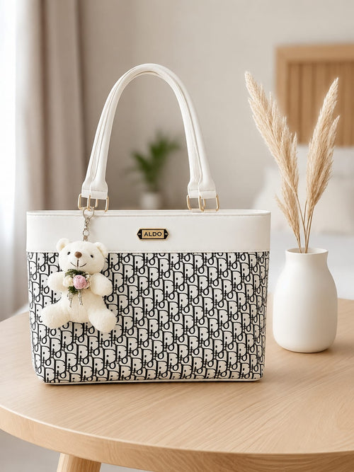 Elegant Monochrome Teddy Charm Tote Bag