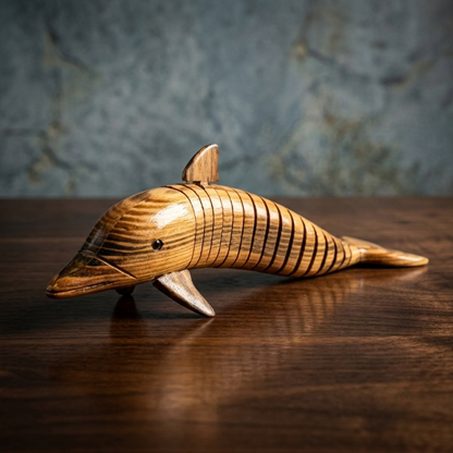 Handcrafted Flexible Articulated Wooden Dolphin Fish Sculpture and Decorative Desk Toy