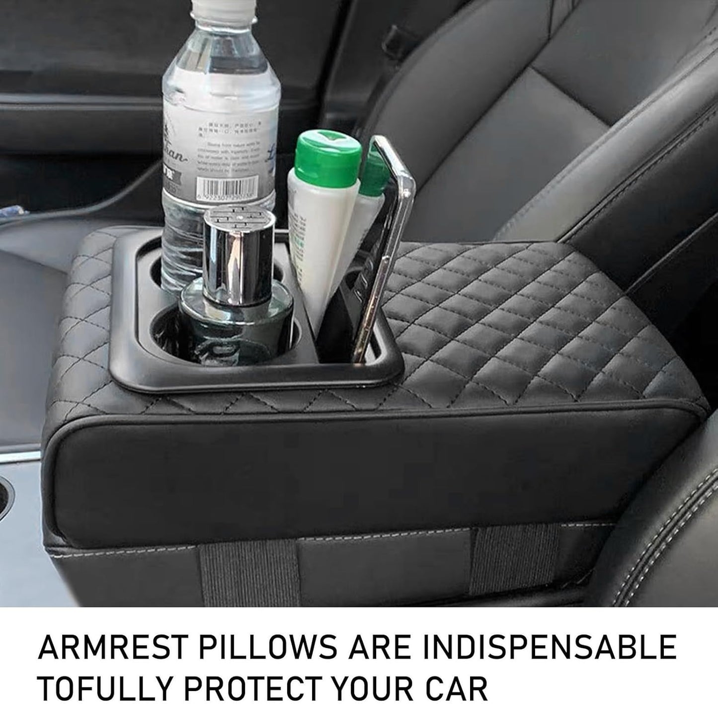Car Armrest Cushion with Cup Holder & Storage Box – PU Leather Center Console Organizer Cover | Universal Fit