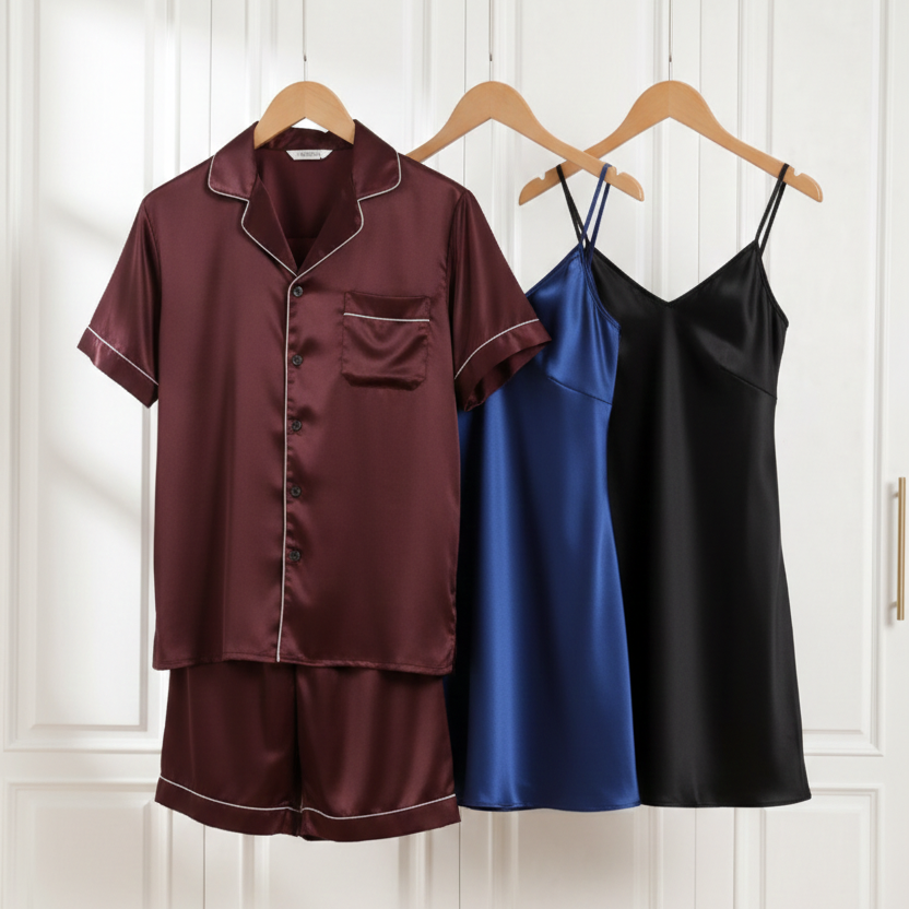 Couple Silk Night Suit / Sleepwear Set – Shirt & Shorts with Slip Dress | SKU DC-C013 (3 Pcs)