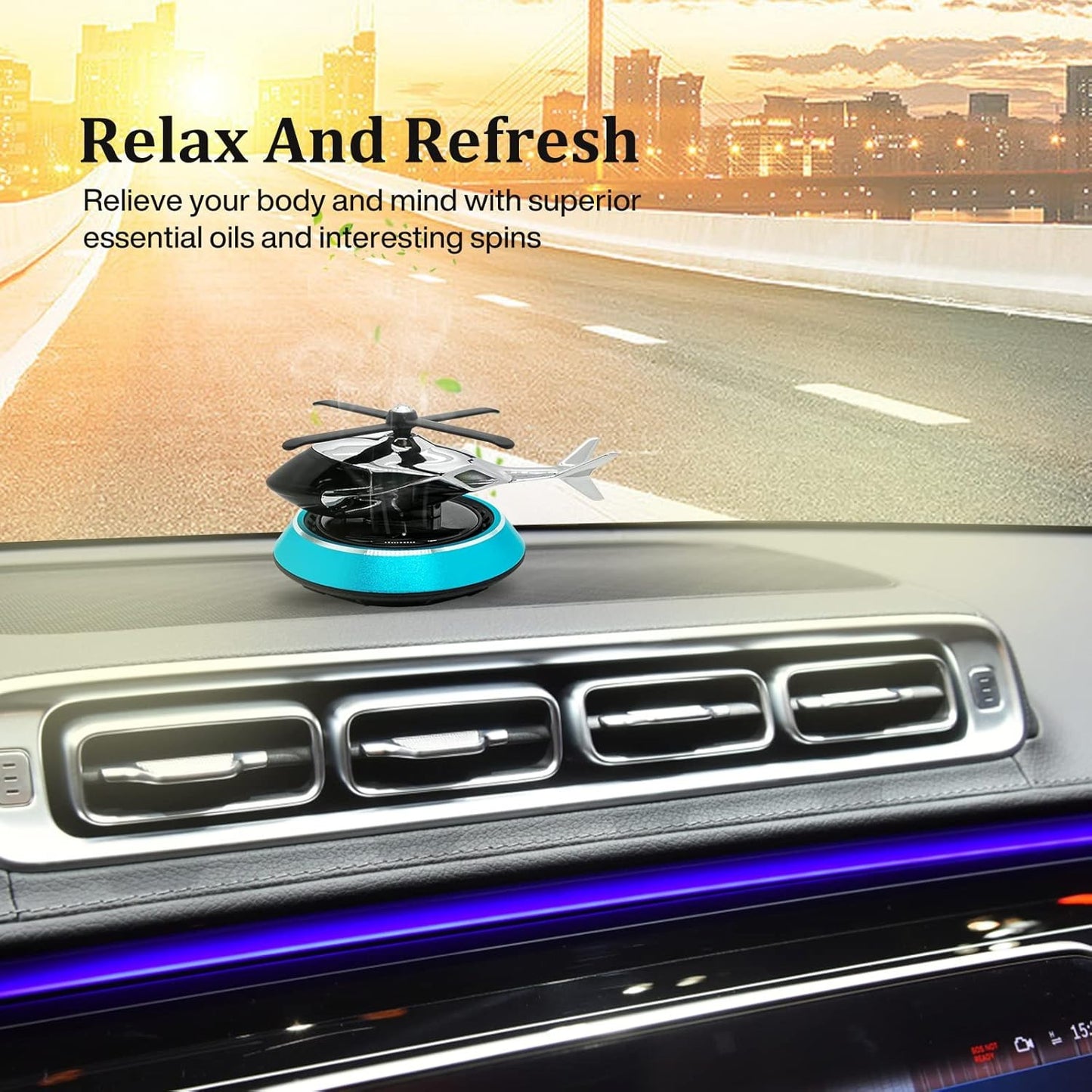 Solar Powered Car Aroma Diffuser Helicopter Air Freshener – Dashboard Perfume Decor | Metal + ABS, Refillable Fragrance