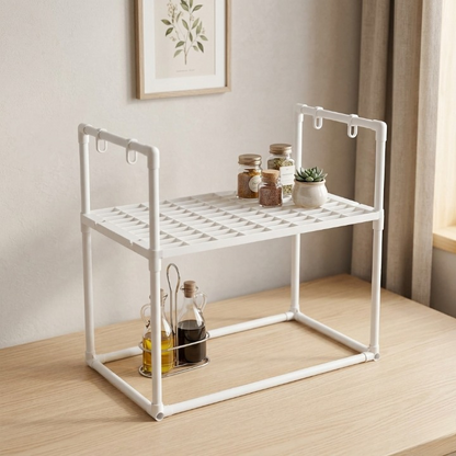 Microwave Oven Storage Rack 2-Tier Kitchen Organizer | Space-Saving Carbon Steel Shelf For Countertop And Utensils | Random Colour ~ Plastic