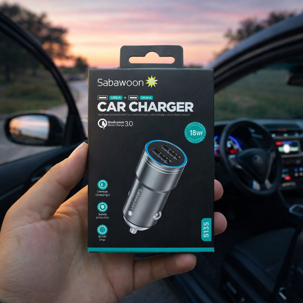 Sabawoon 18W Fast Charging Car Adapter – Dual USB Portable Car Charger
