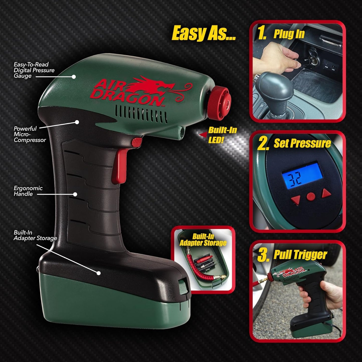 Air Dragon Portable Air Compressor Build in Light Great For Sport Ball, Pool Toys, Air Mattresses