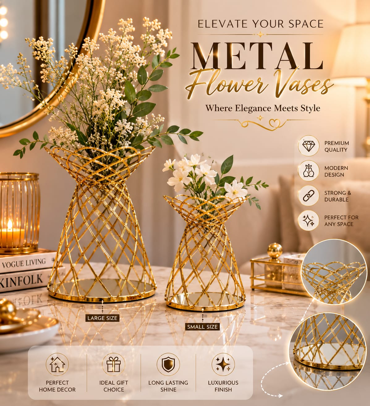 Luxury Decorative Table Vase | Modern Metal Flower Vase for Home & Office Décor | Without Flowers 15x15x18cm