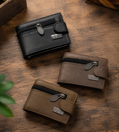 Premium Men’s Mini Leather Wallet With Zipper & Button | 8 Card Slots | Dollar Size | With Box