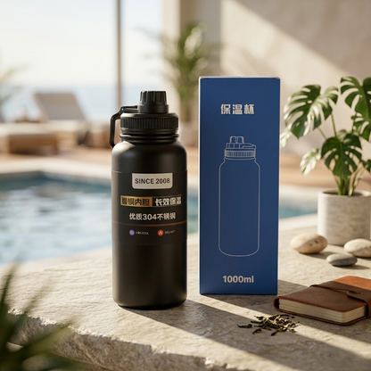 1000ml Matte Black Stainless Steel Vacuum Insulated Water Bottle With Carrying Strap Durable And Stylish