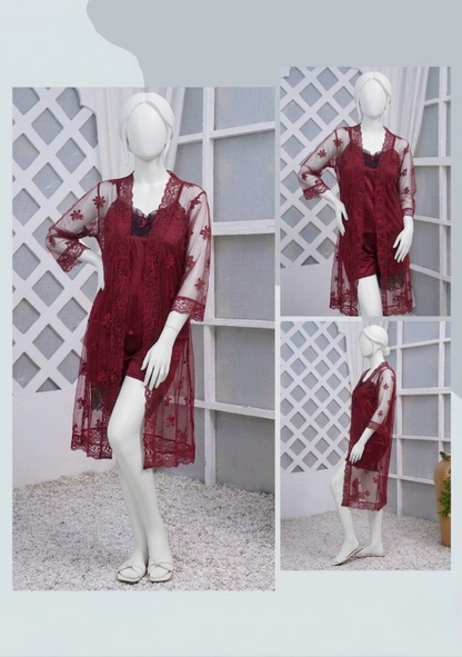 3 Pcs Luxurious Silk & Net Black Lace Women's Sleepwear Set Top Short & Gown Nightwear (Free Size)