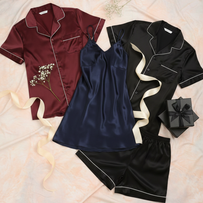 Couple Silk Night Suit / Sleepwear Set – Shirt & Shorts with Slip Dress | SKU DC-C013 (3 Pcs)