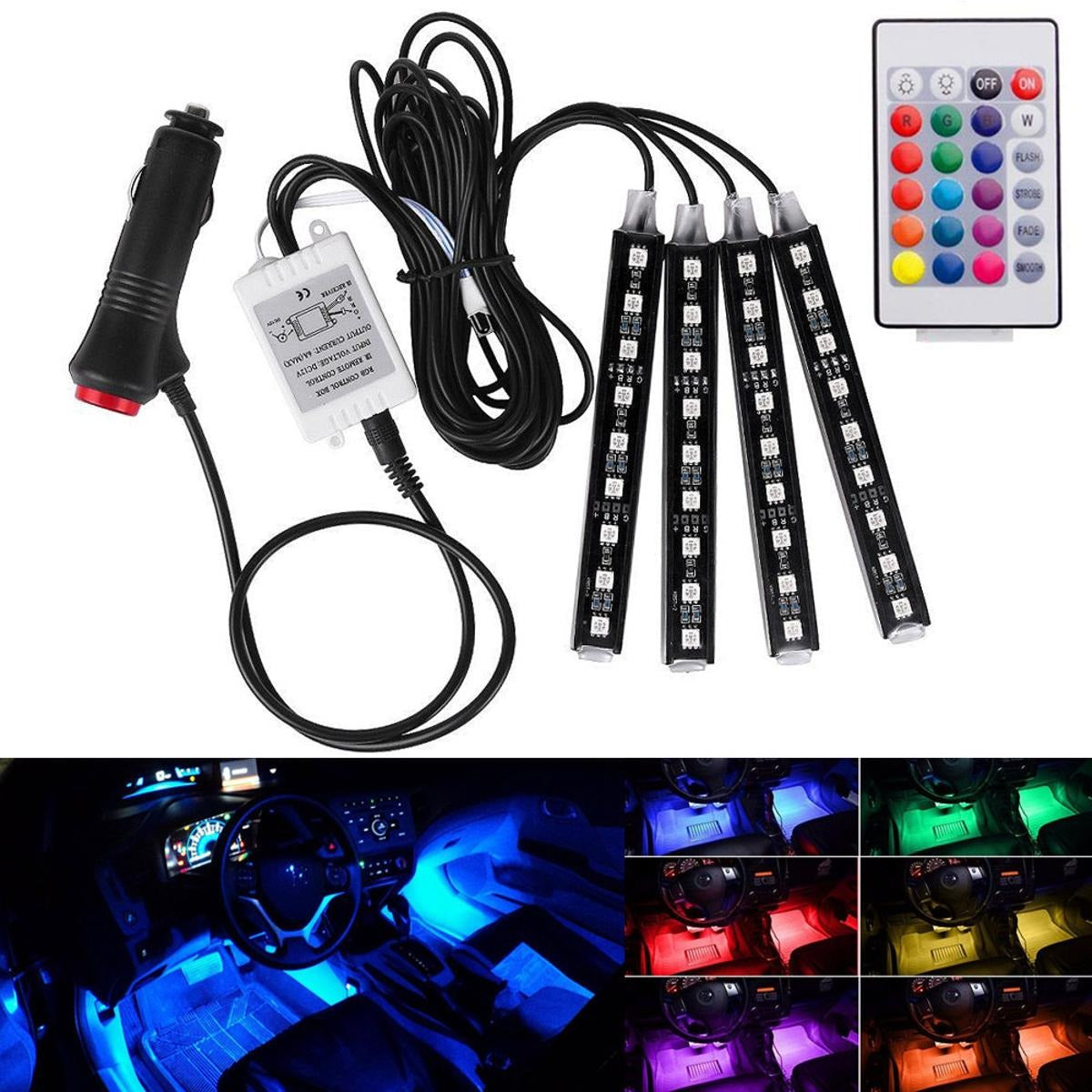 Car Interior LED Atmosphere Light with Remote Control – Multi-Color Music Sync Ambient Strip Lamp (12V)