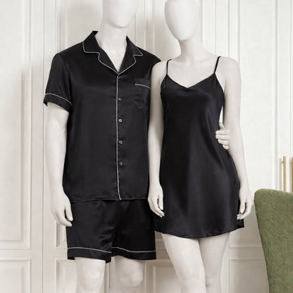 Couple Silk Night Suit / Sleepwear Set – Shirt & Shorts with Slip Dress | SKU DC-C013 (3 Pcs)
