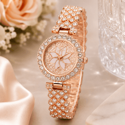 Luxury Floral Crystal Quartz Wrist Watch for Women – Golden