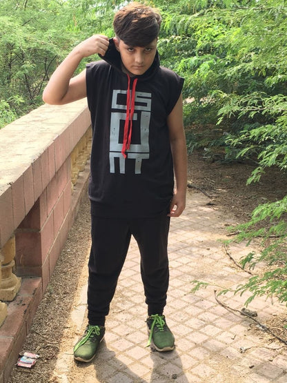 Black Gym Sleeveless Hood Tracksuit - Black Gym Sleeveless Hood Summer Tracksuit - Ready to Wear 2-Piece Set | Men's Sports &amp; Jogging Wear