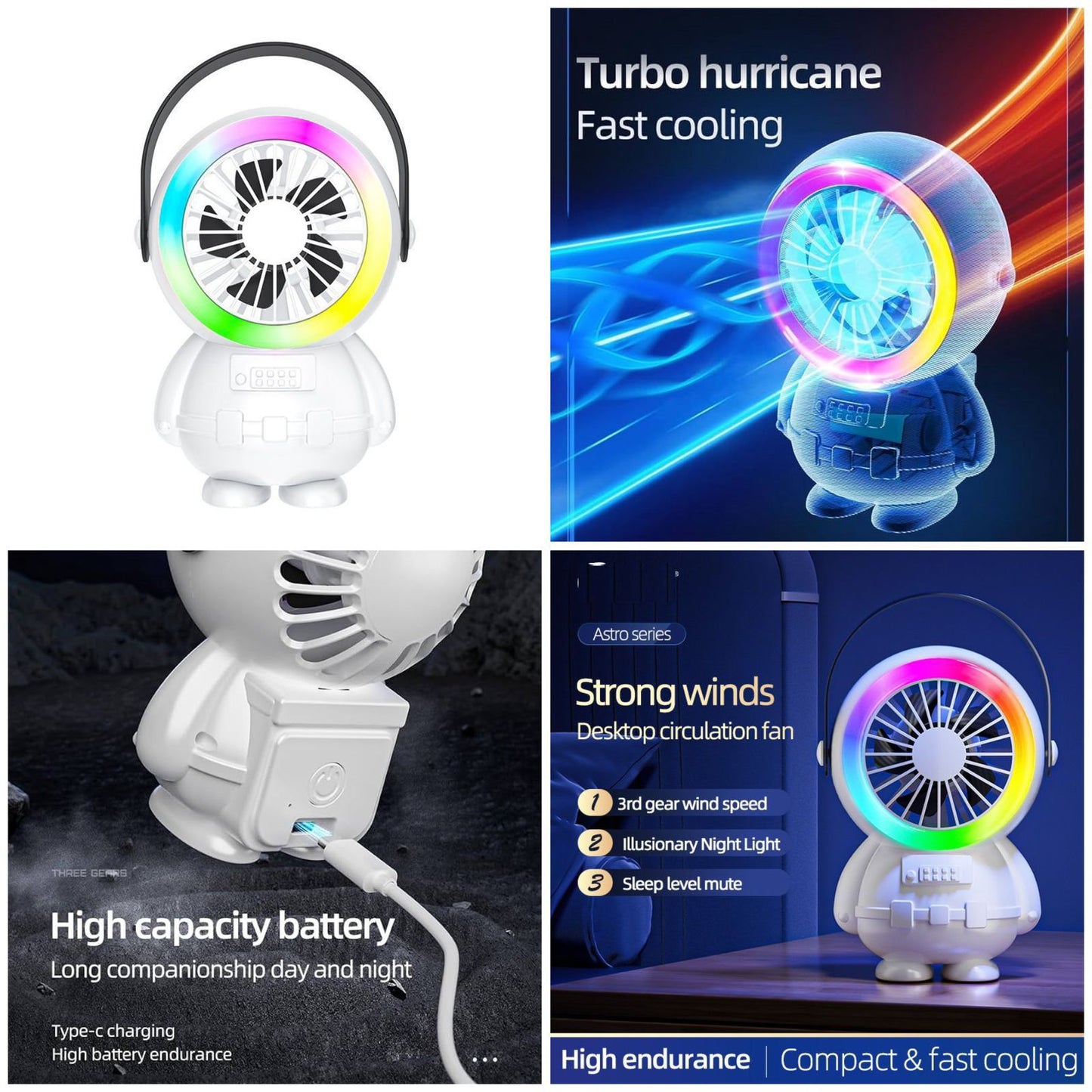 Astro Series Astronaut Mini Desktop Fan – Portable USB Rechargeable Fan with RGB Night Light