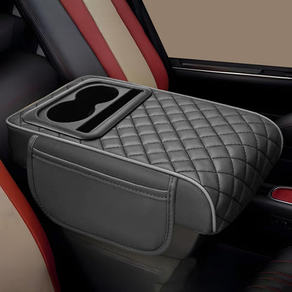Car Armrest Cushion with Cup Holder & Storage Box – PU Leather Center Console Organizer Cover | Universal Fit