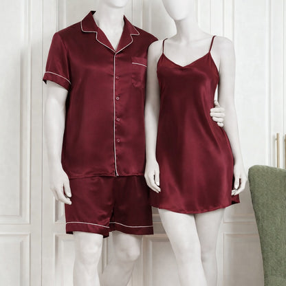 Couple Silk Night Suit / Sleepwear Set – Shirt & Shorts with Slip Dress | SKU DC-C013 (3 Pcs)
